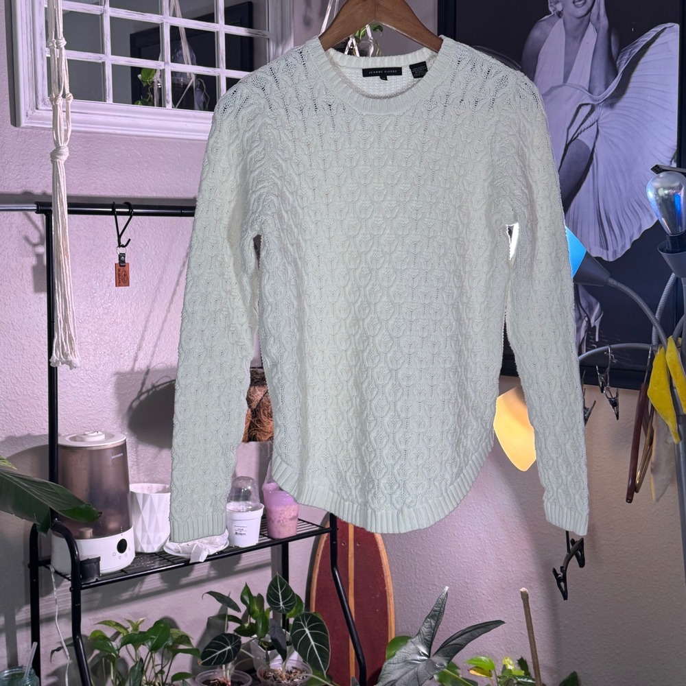 Jeanne Pierre White Cotton Cable Knit Crewneck Sweater Curved Hem Womens‎ Medium